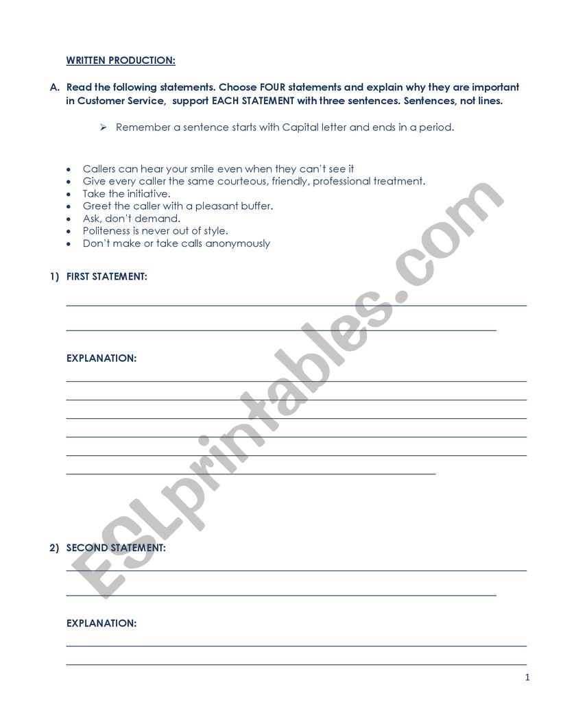 writing production worksheet