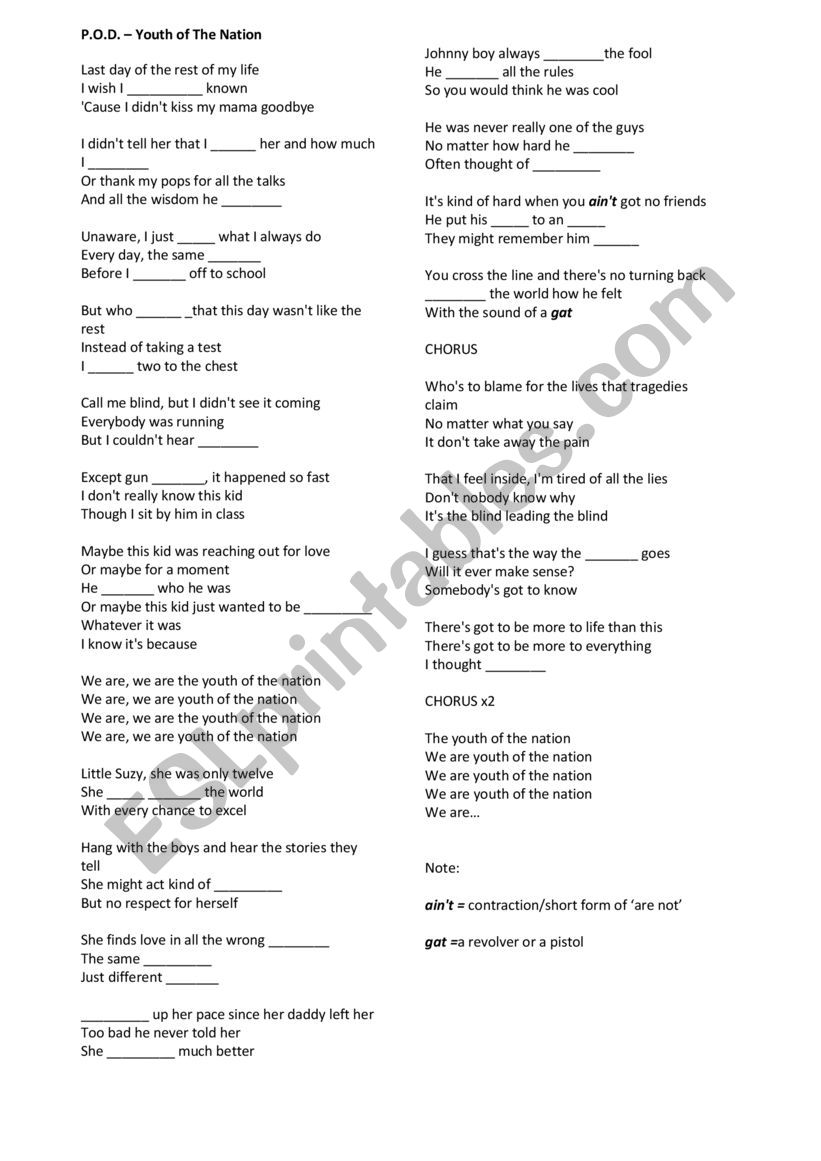 Song worksheet - P.O.D. (Youth of The Nation)