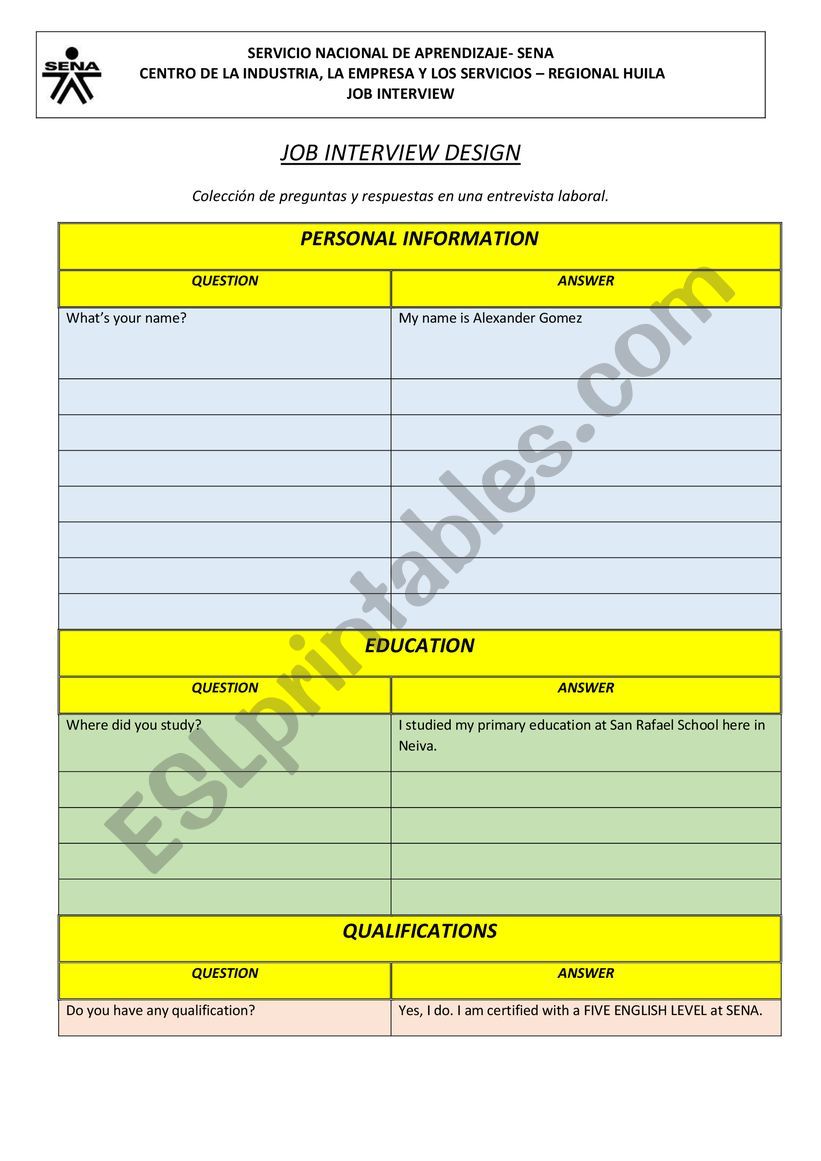 JOB INTERVIEW worksheet