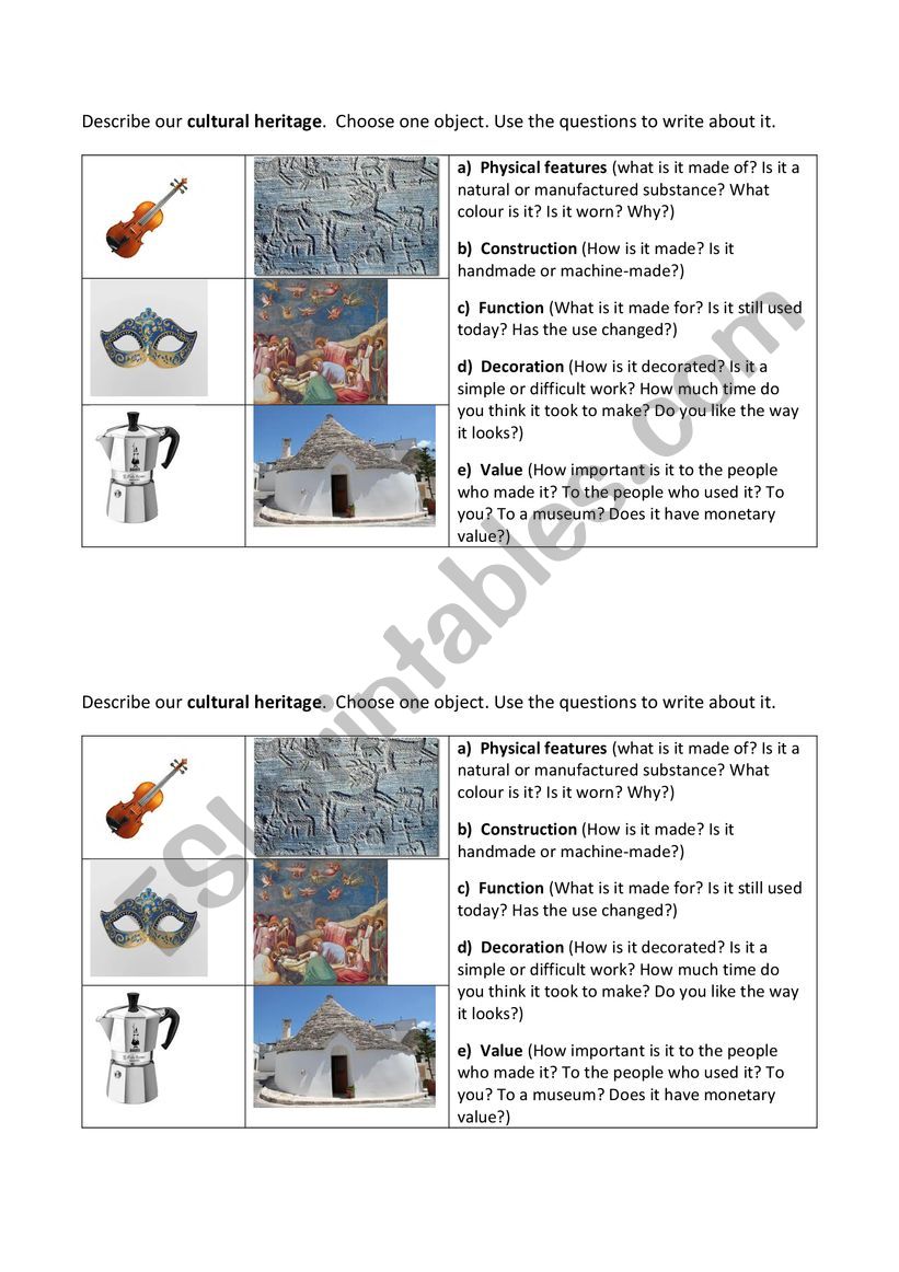 Describing Cultural Heritage worksheet