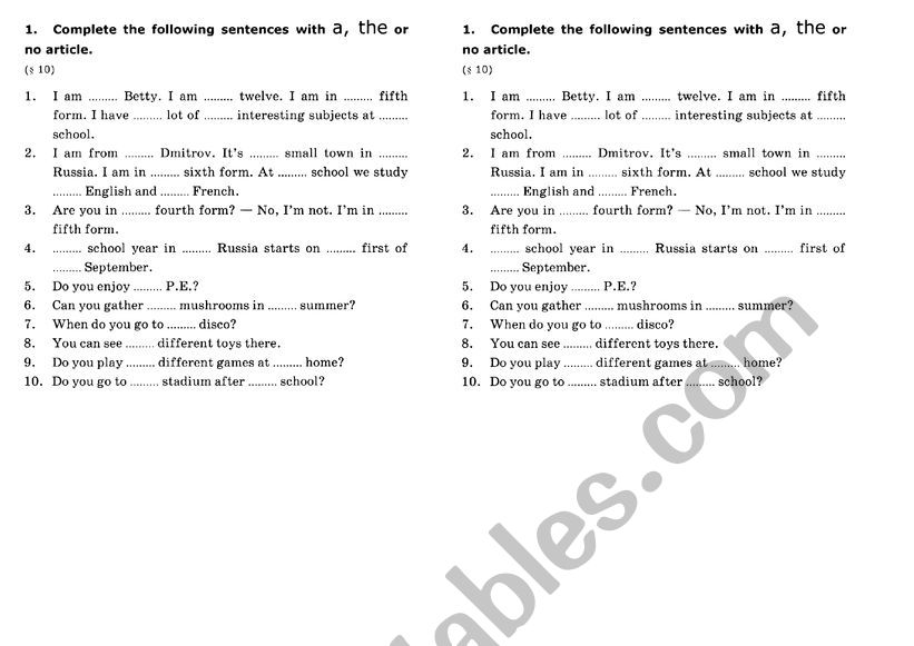 articles worksheet