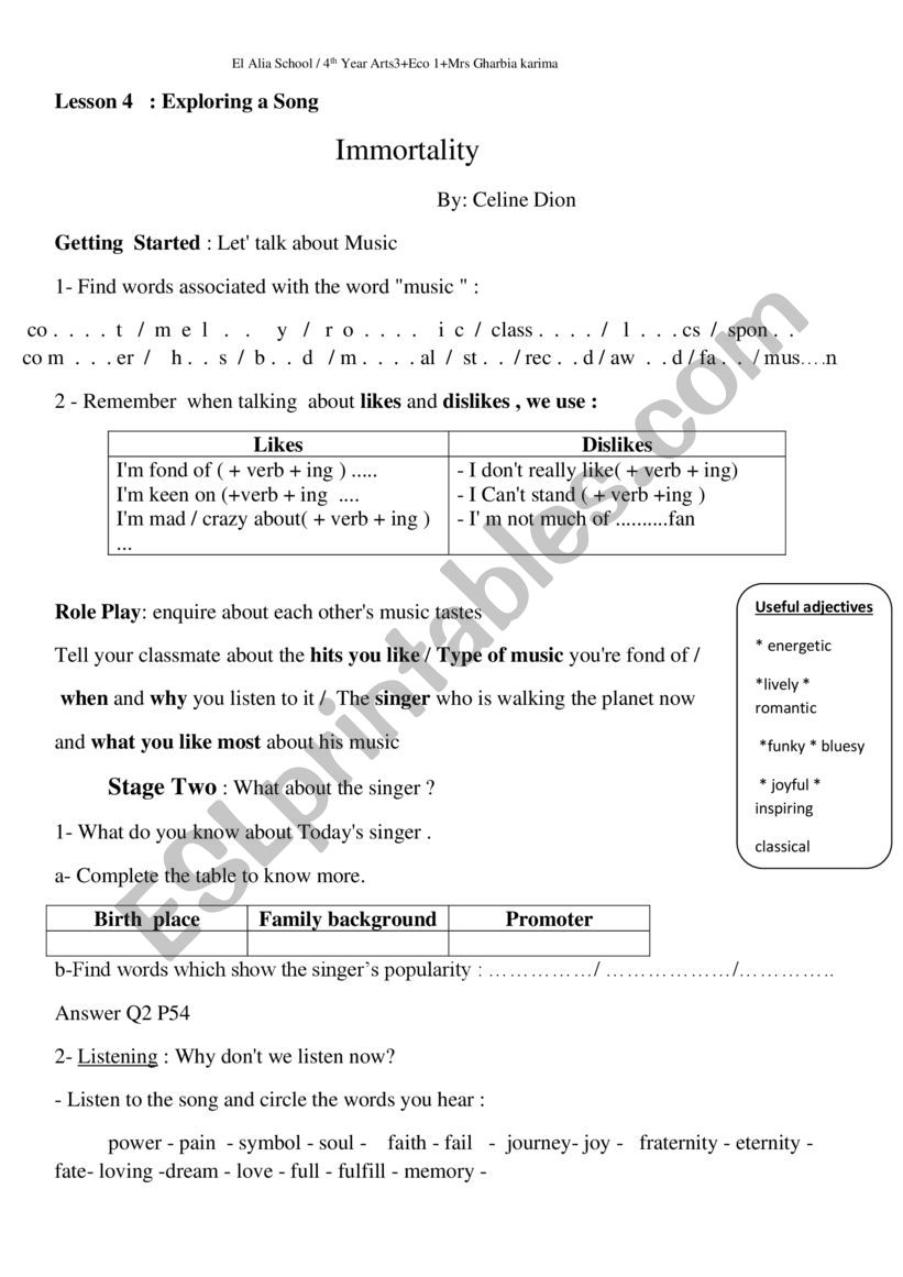 immortality  worksheet