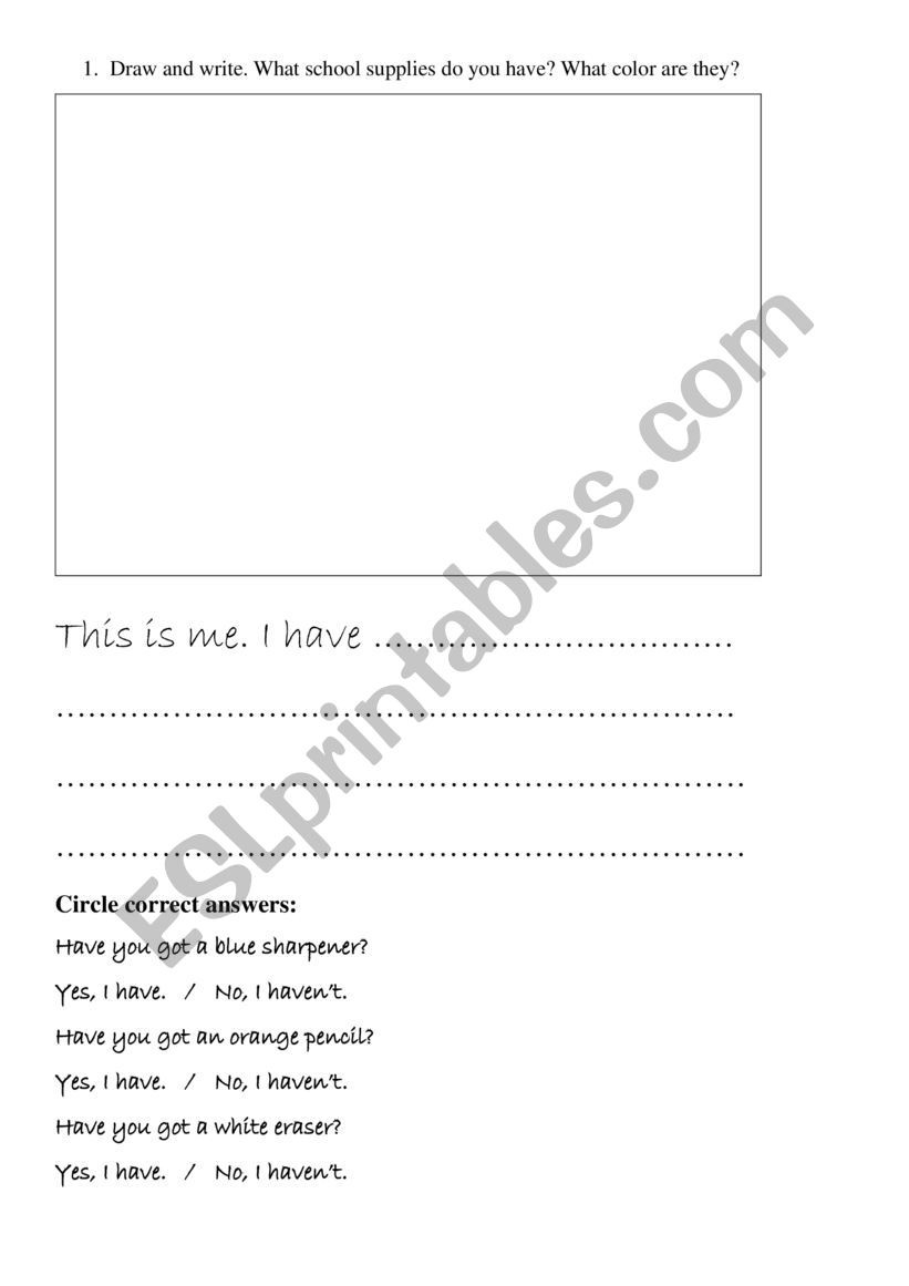 School supplies worksheet