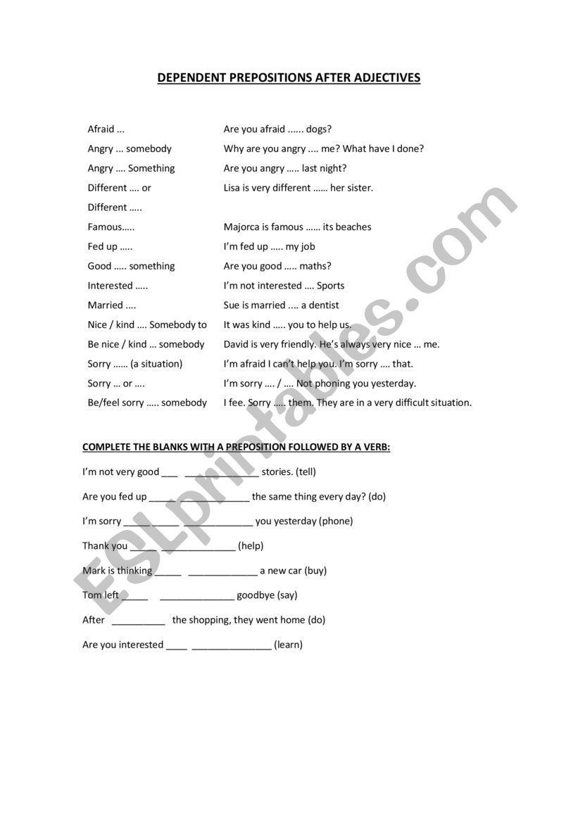 Exercises on Prepositions after adjectives