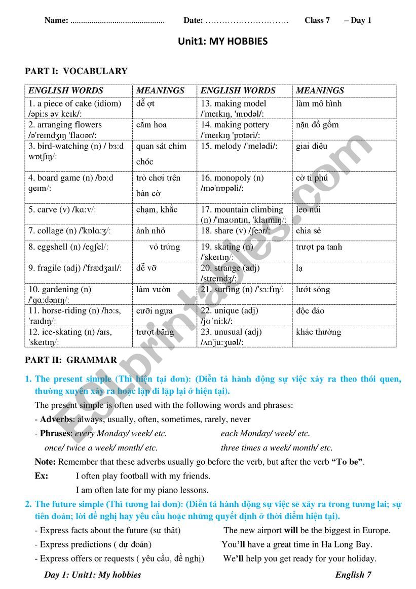 UNIT 1: MY HOBBY worksheet