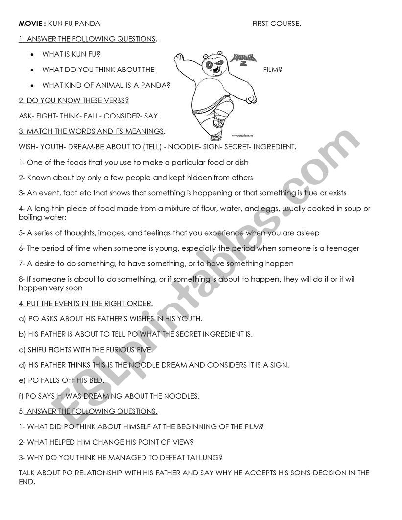 kun fu panda movie worksheet