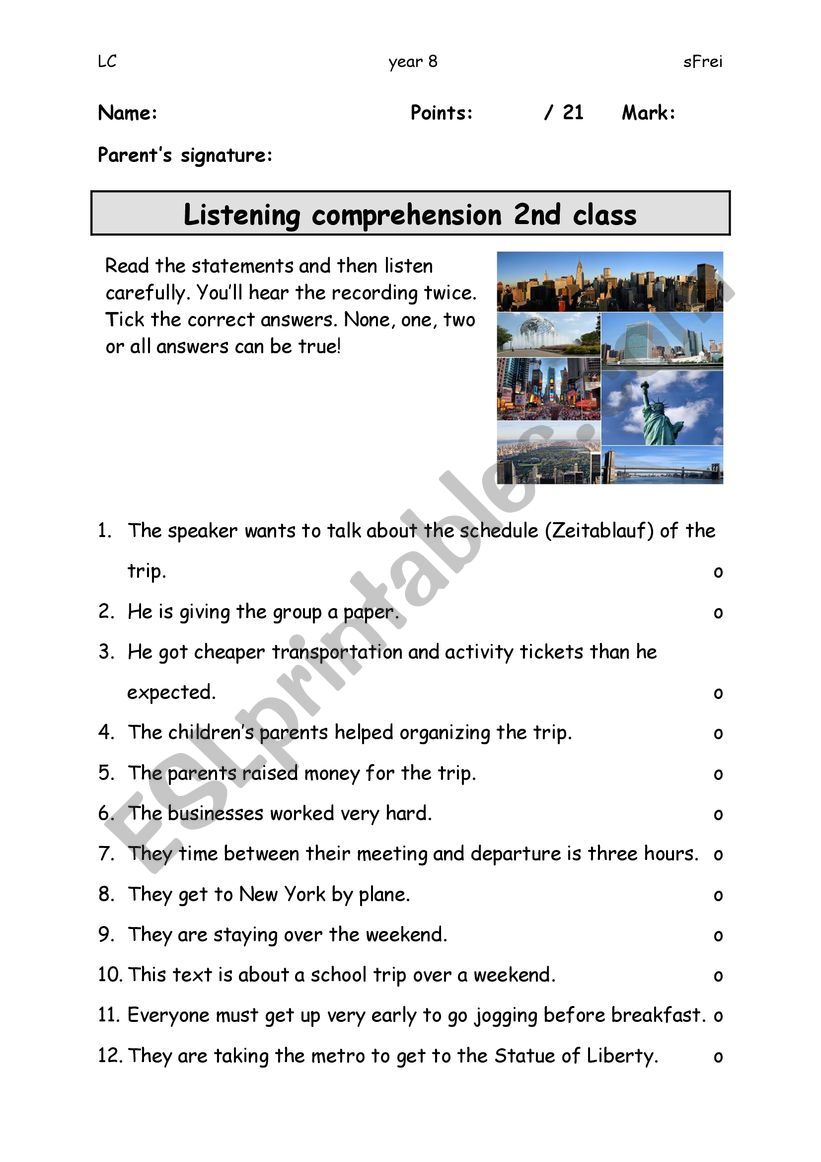 Listening Comprehension Test ESL Worksheet By Sfdslrf