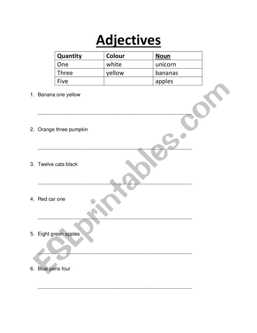 Adjective order worksheet