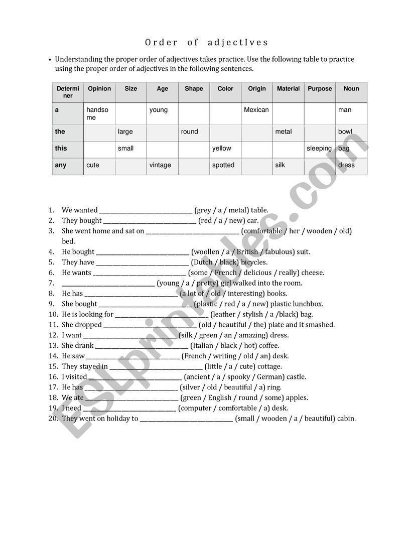 The order of the adjectives worksheet