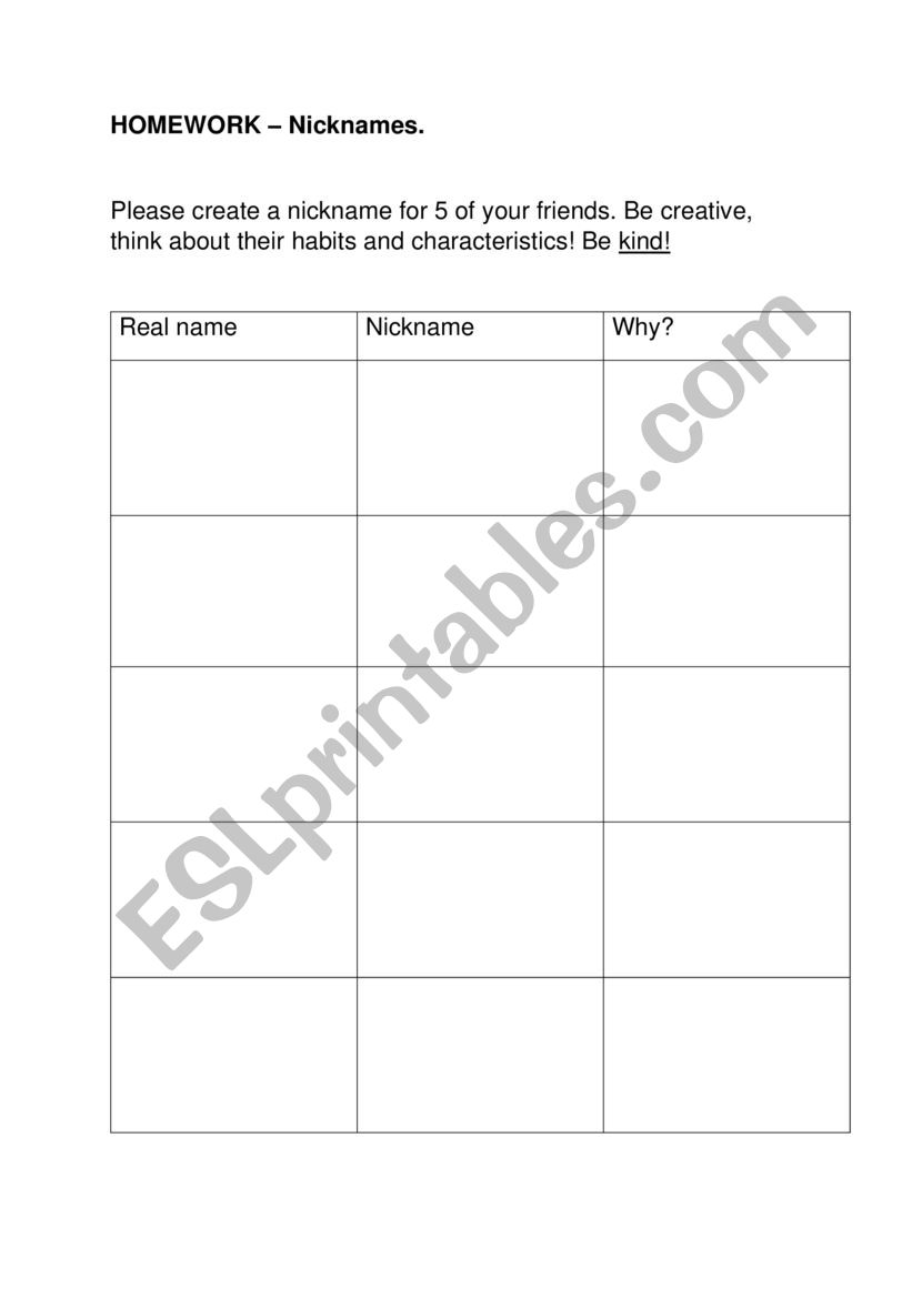 Homework- Nicknames worksheet