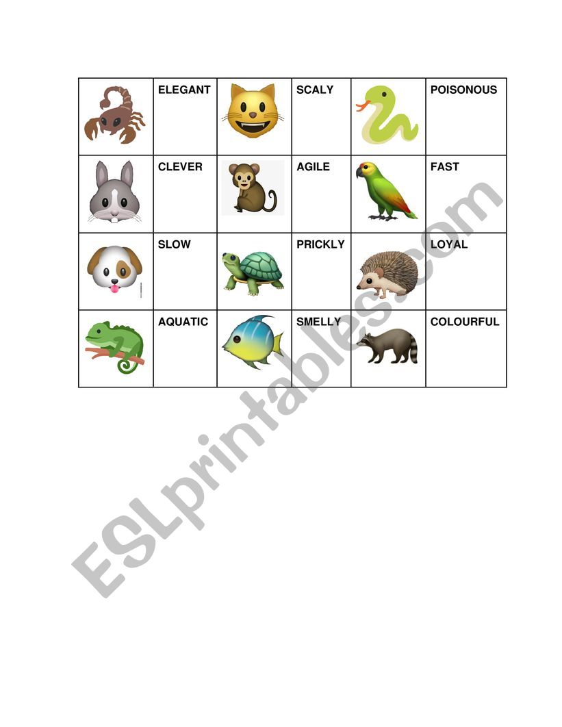 Printable set of dominoes: Animals and adjectives