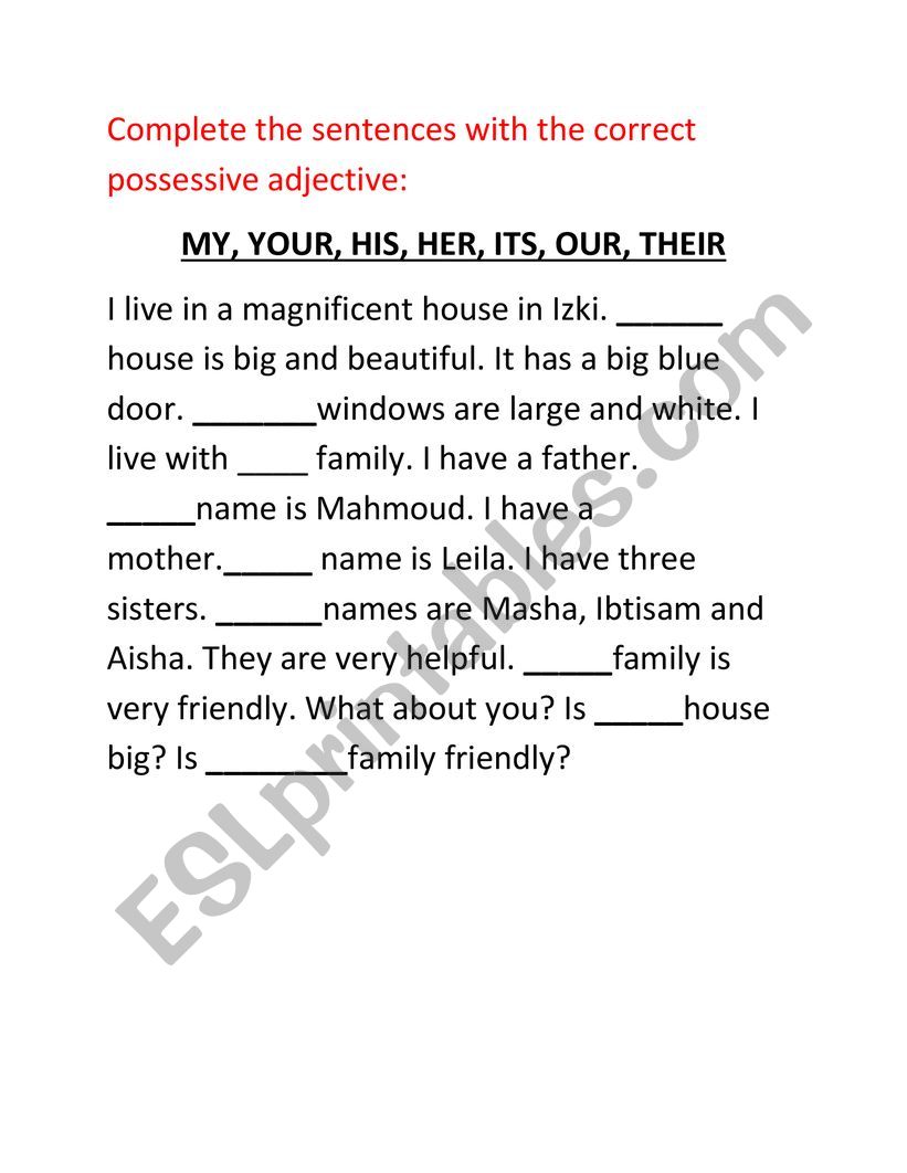 Possessive Pronoun Adjectives Exercise ESL Worksheet By Homebytheocean