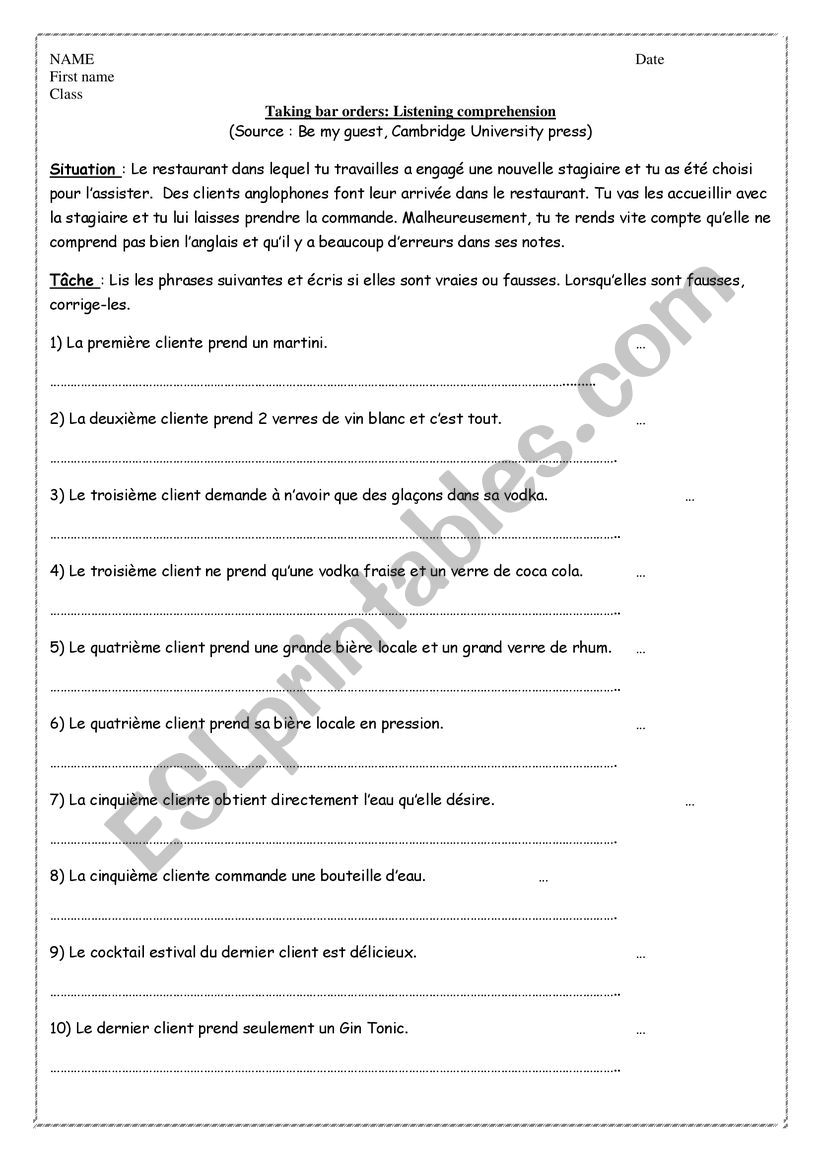 Ordering drinks worksheet