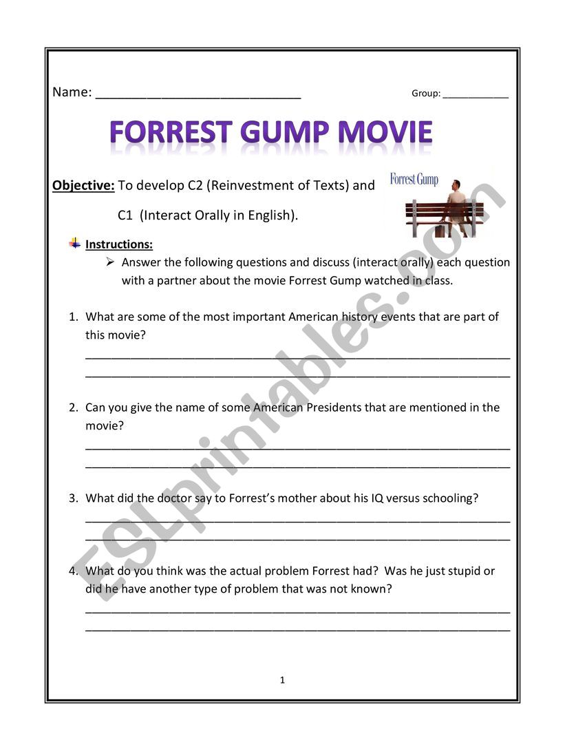 Forrest Gump Comprehension Questions on Movie
