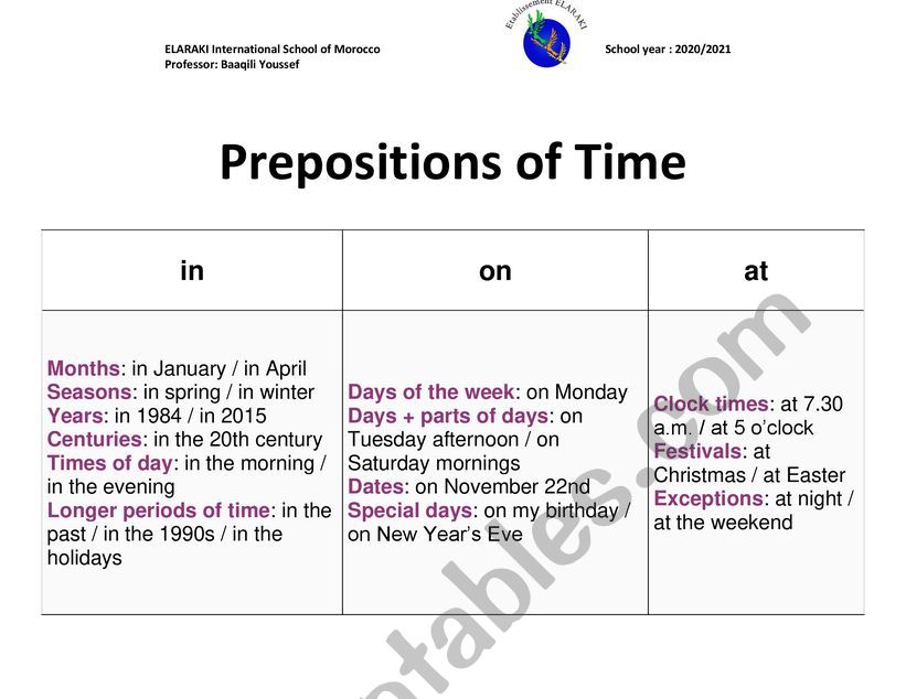 Use of Prepositions of Time worksheet