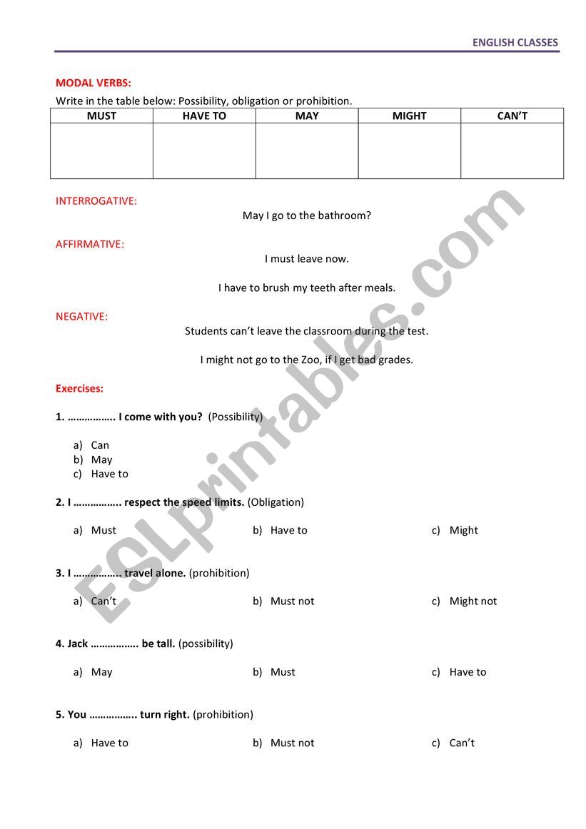 Modal verbs worksheet