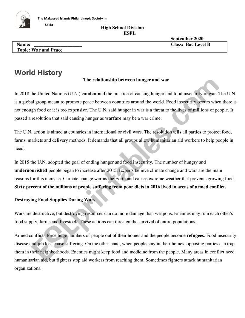 war and peace worksheet