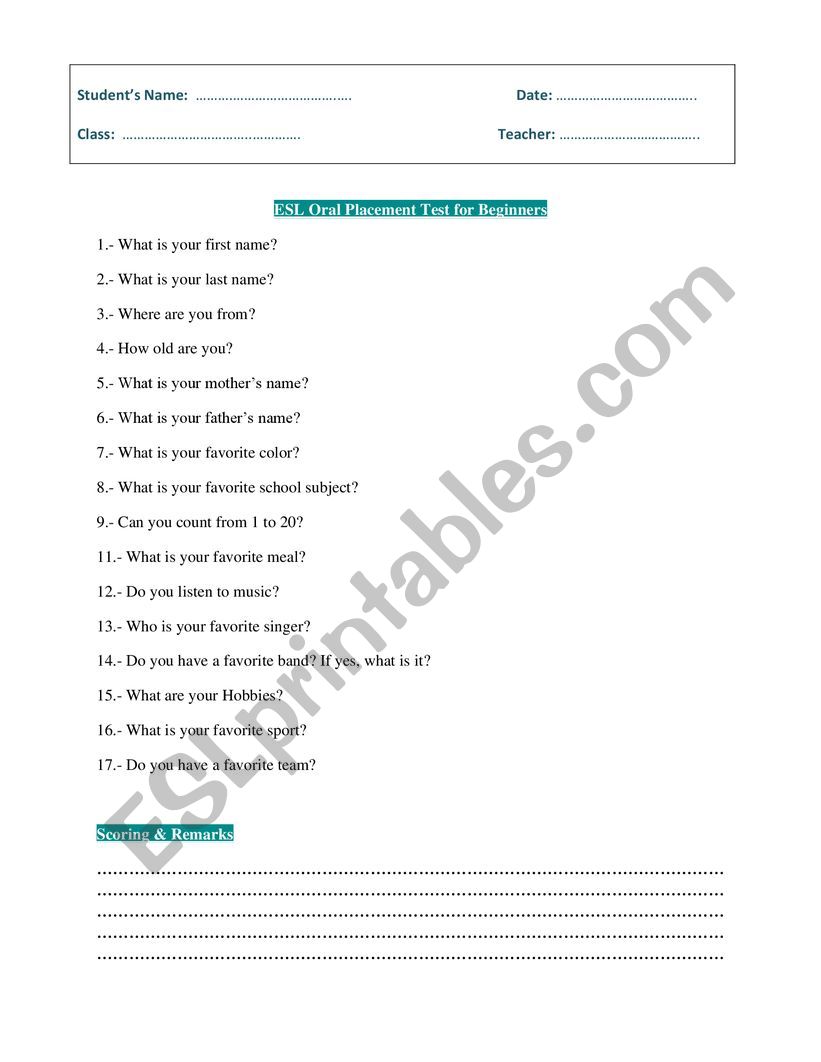 oral placement test worksheet