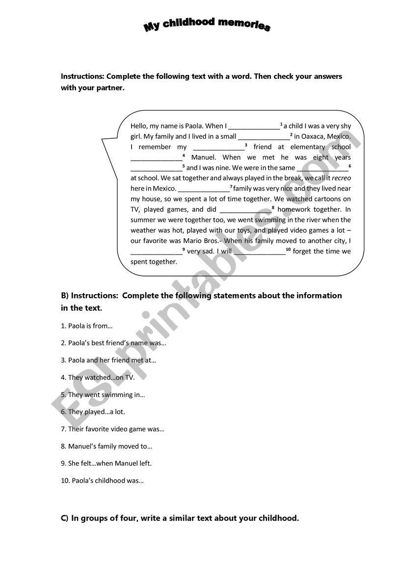 Memories worksheet