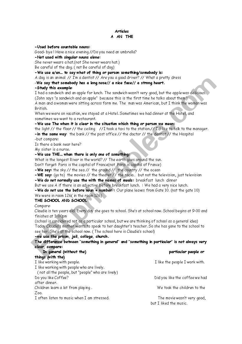 articles worksheet