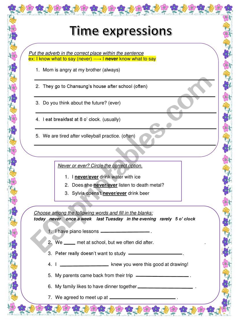 Time Expressions ESL Worksheet By Darkanoir