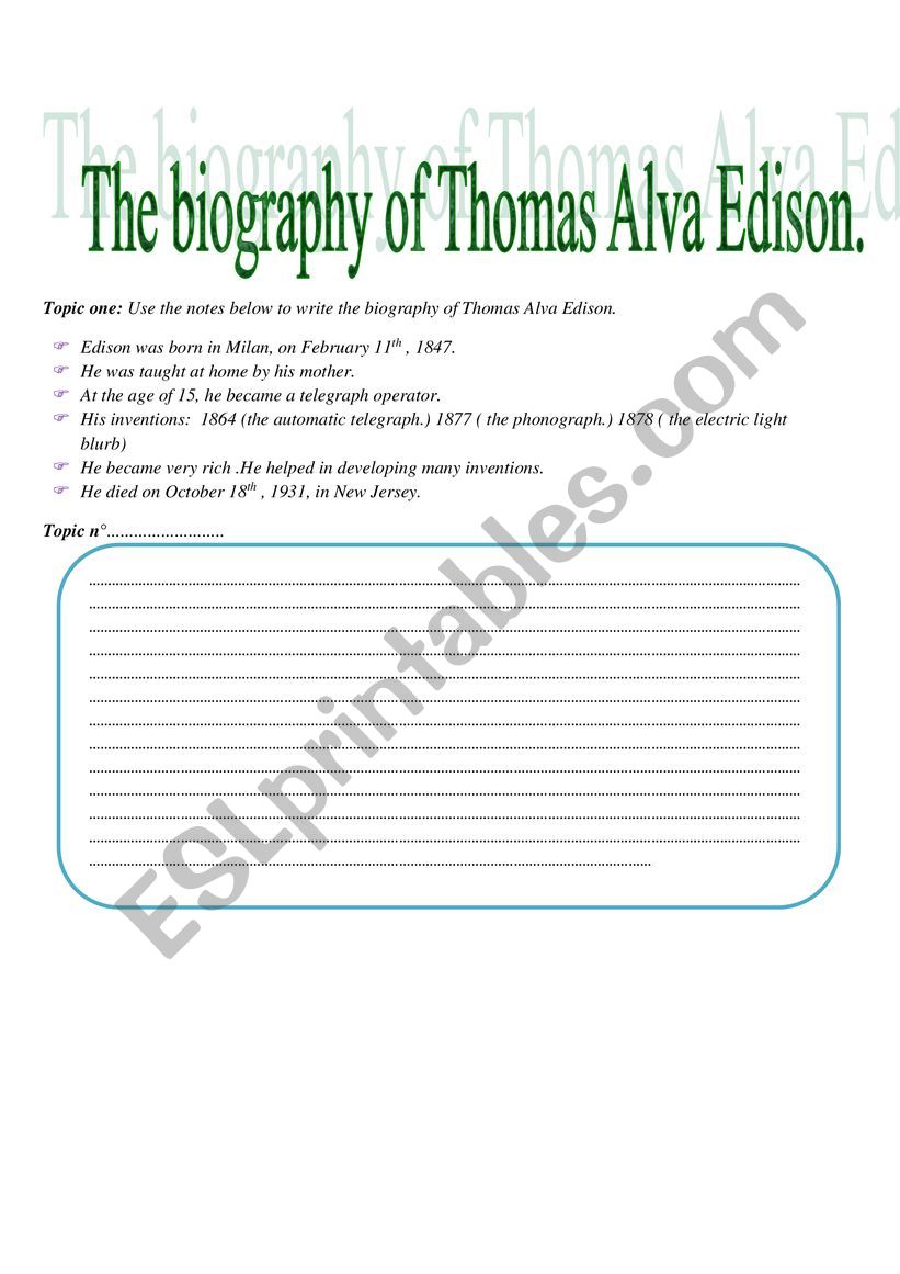 The biography of Thomas Alva Edison. - ESL worksheet by redwing85