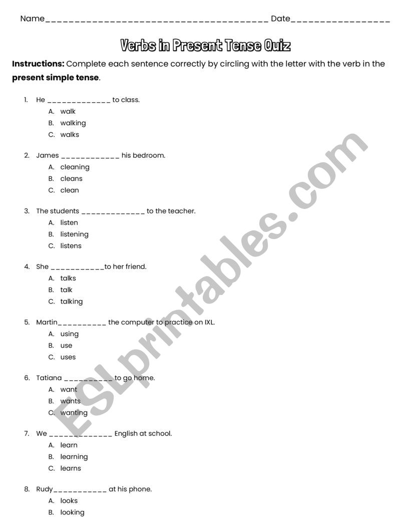 Verbs in Present Simple Quiz worksheet