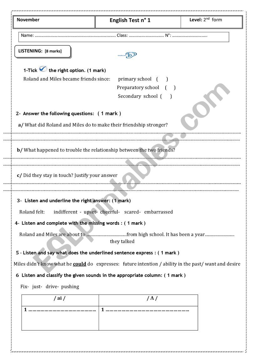 second form test worksheet