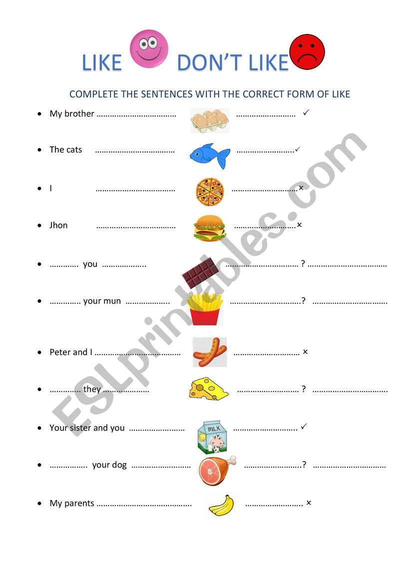 LIKE-DON�T LIKE + FOOD worksheet