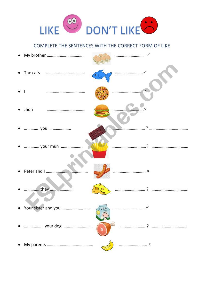 LIKE-DONï¿½T LIKE + FOOD - ESL worksheet by Laencajera