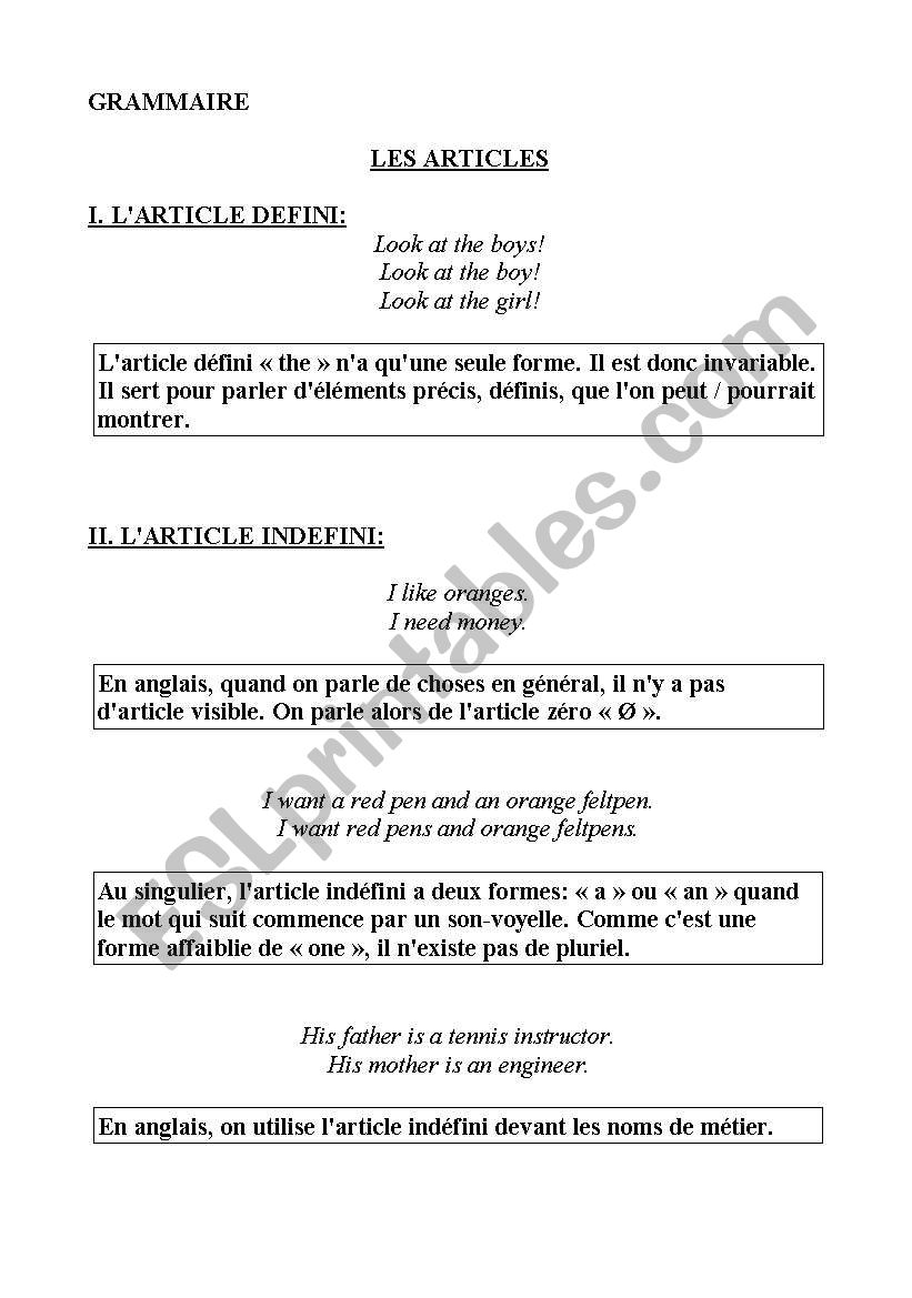 Articles worksheet