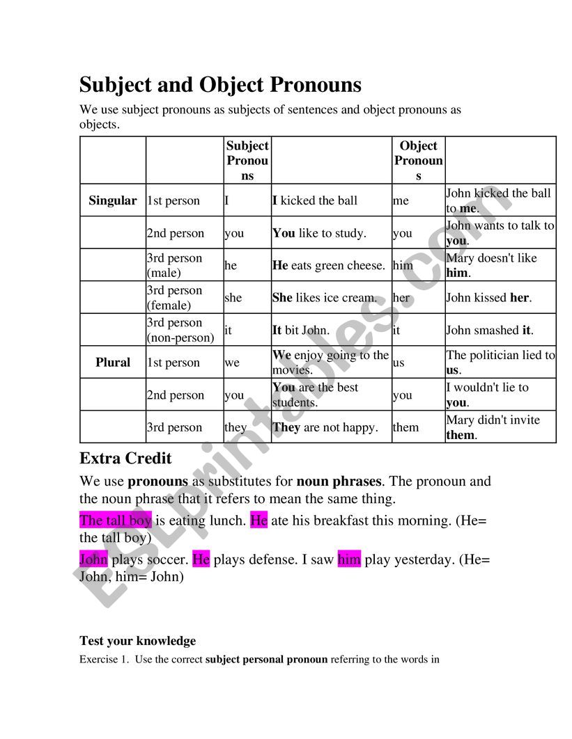 SUBJECT AND OBJECT PRONOUNS worksheet