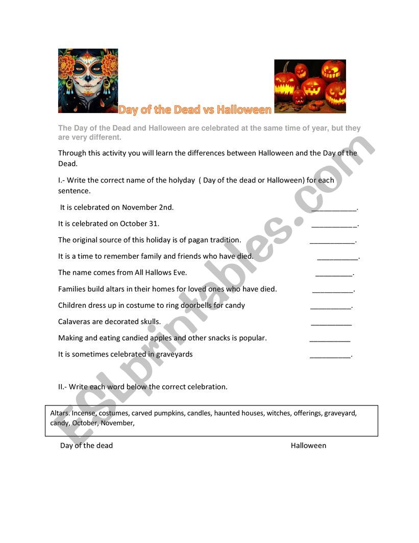 Day of the dead vs Halloween worksheet