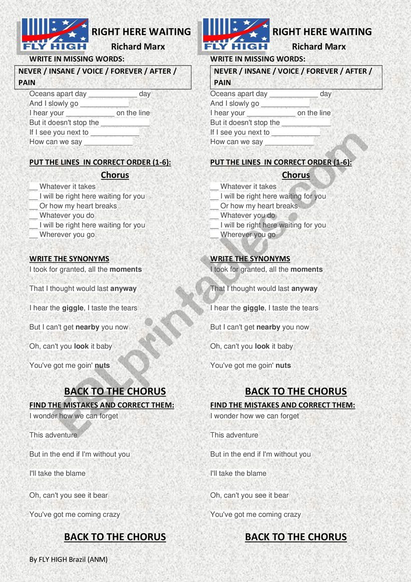 right here waiting worksheet song