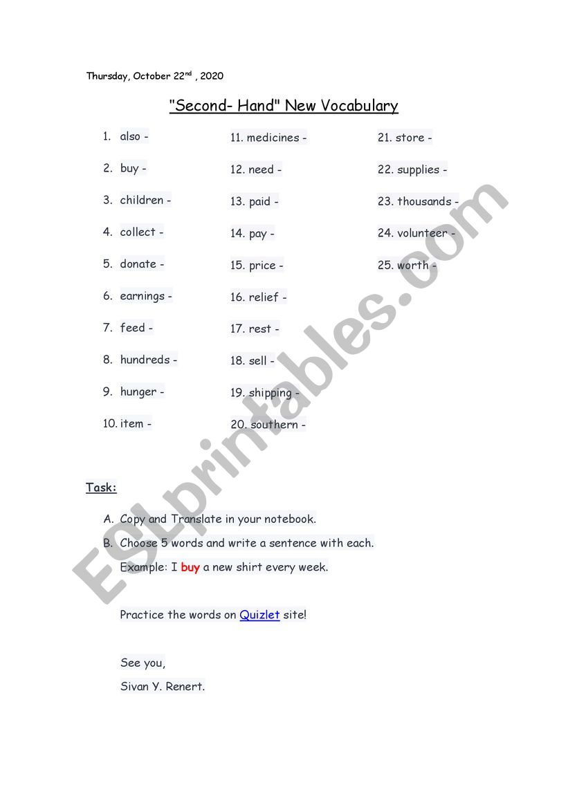 Second Hand Bagrut A - ESL worksheet by srenert