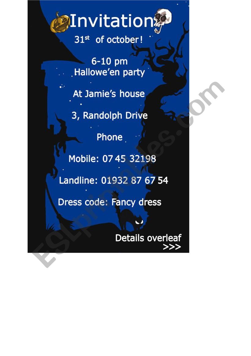 invitation card for Halloween worksheet