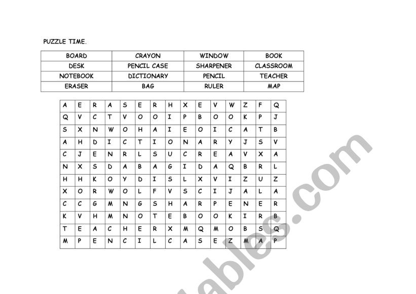 classroom objects wordsearch worksheet