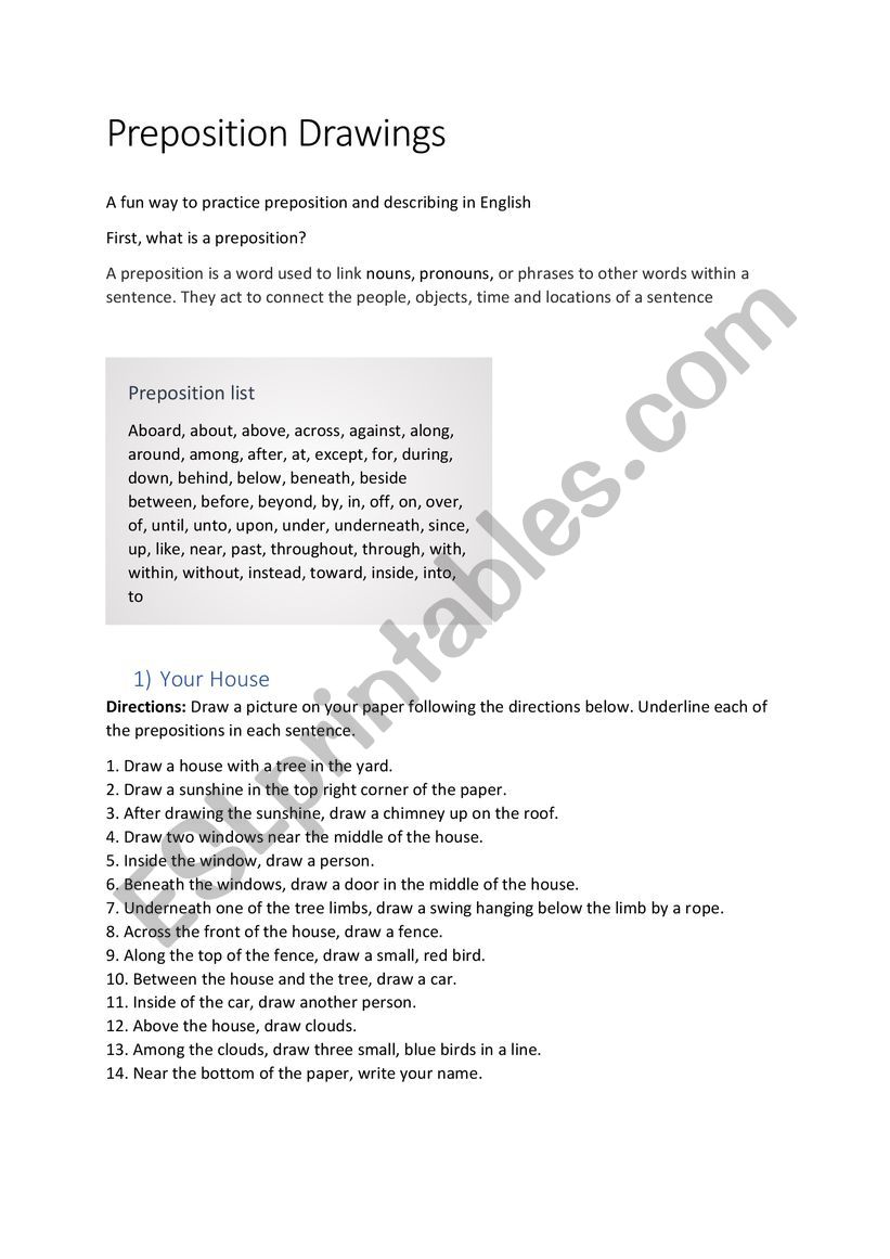 Preposition drawings exercise worksheet