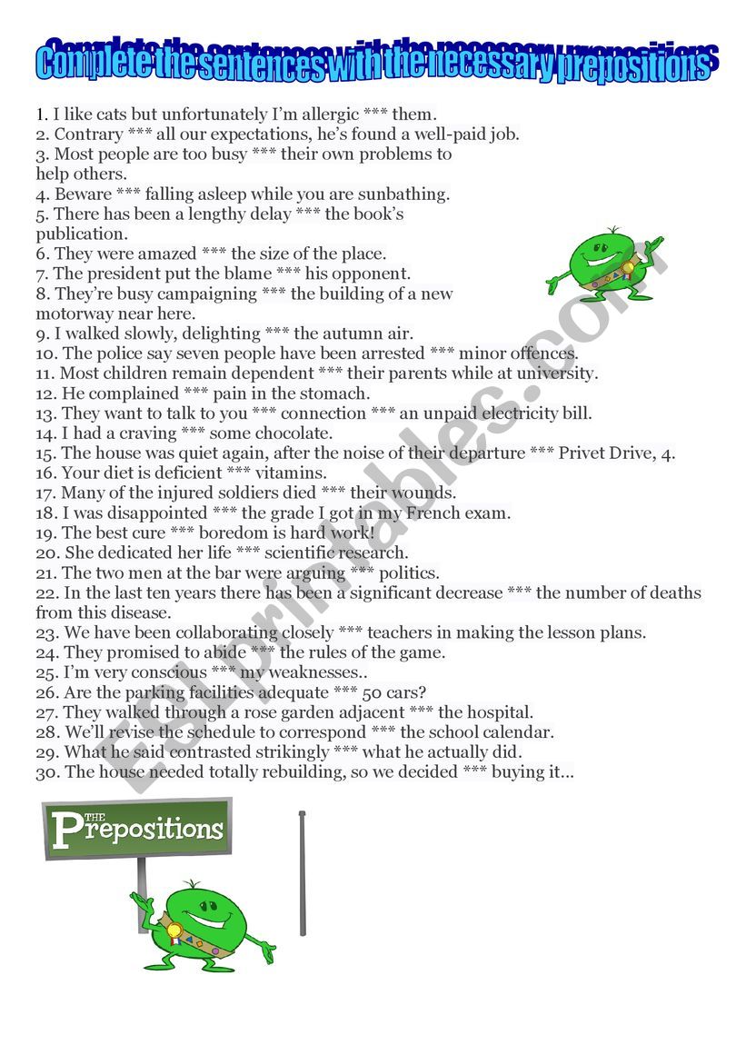 Prepositions On A worksheet