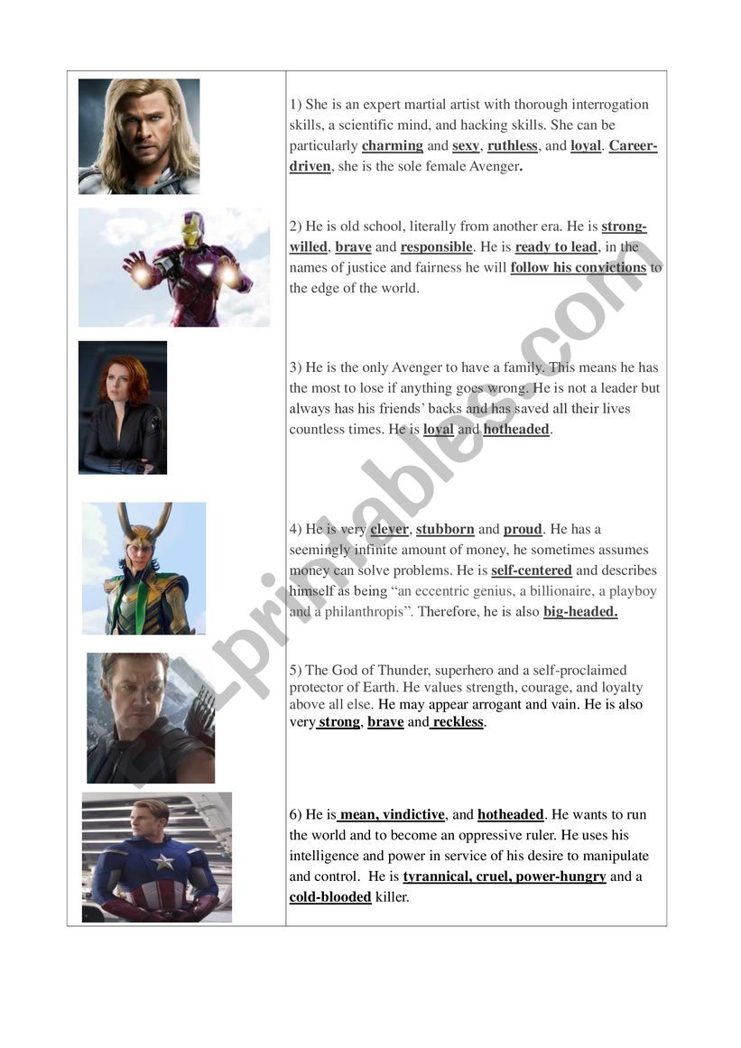 Avengers characters worksheet