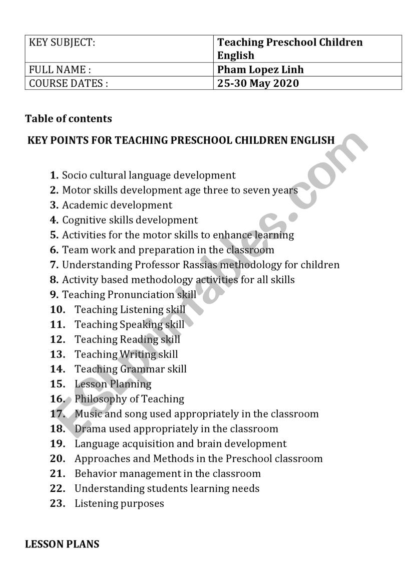 Key Points on Teaching Pre Elementary Level