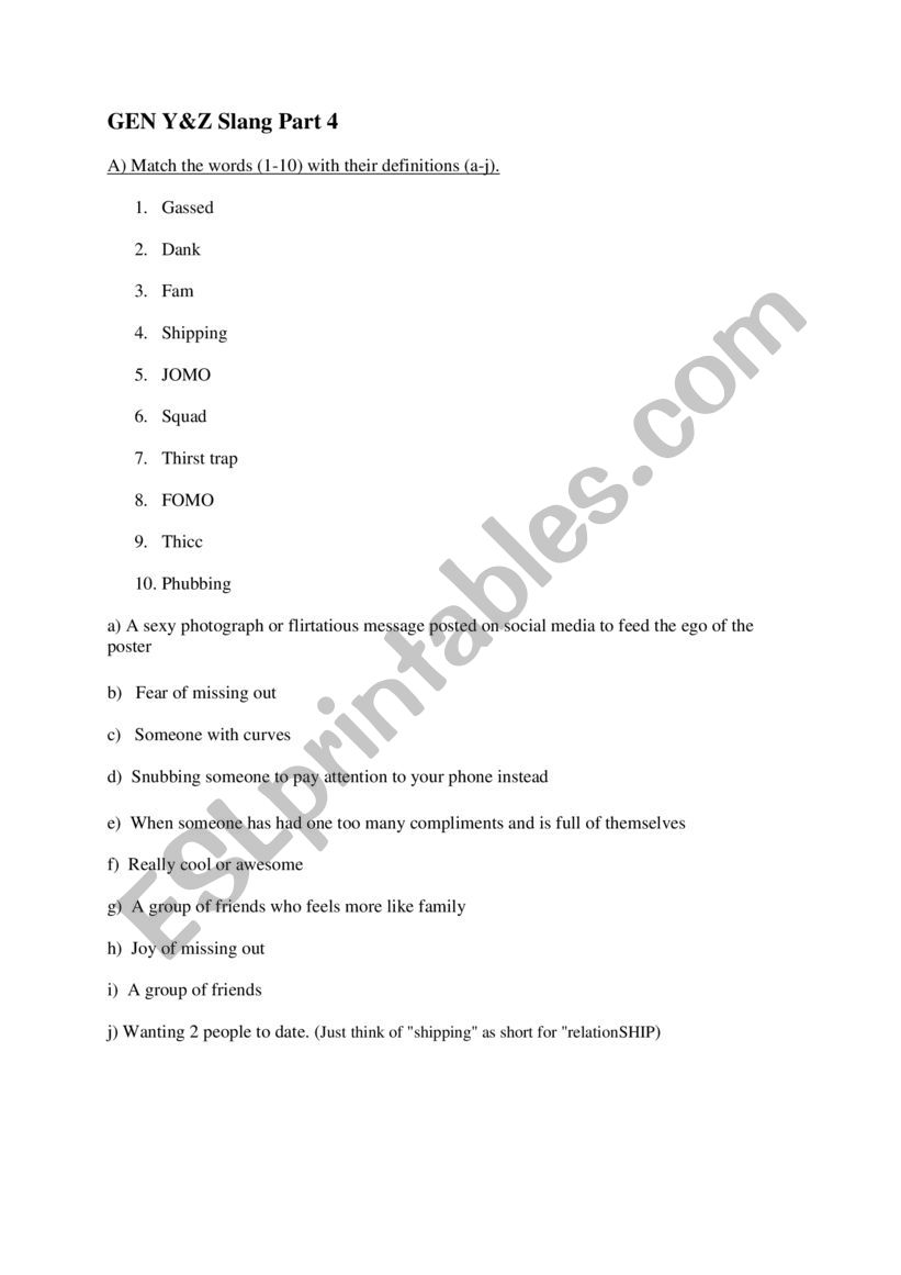 GEN Y&Z Slang Part 4 worksheet