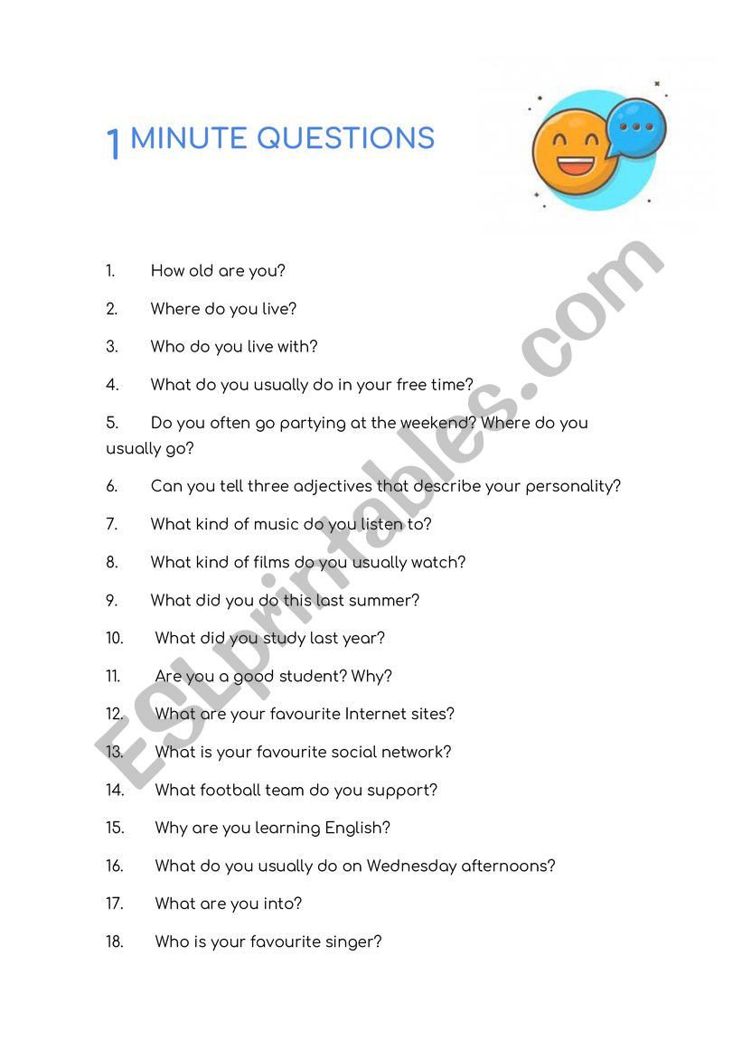 1 minute questions worksheet
