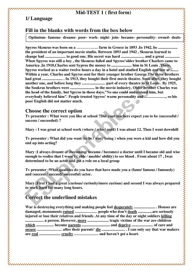 mid term test 1 first form worksheet