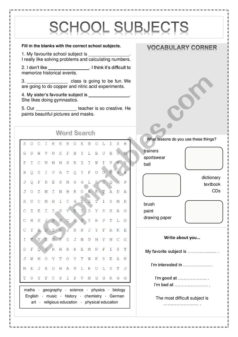 School Subjects worksheet