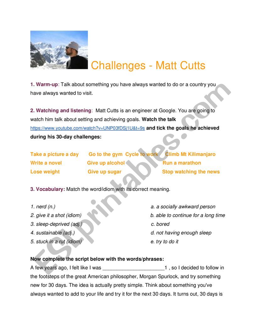 Challenges by Matt cuts worksheet