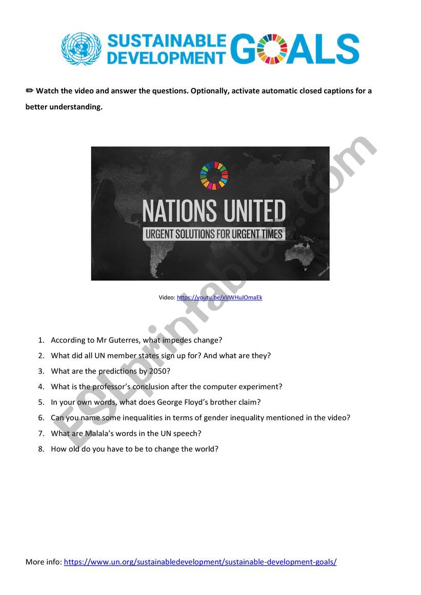 Sustainable Development Goals worksheet