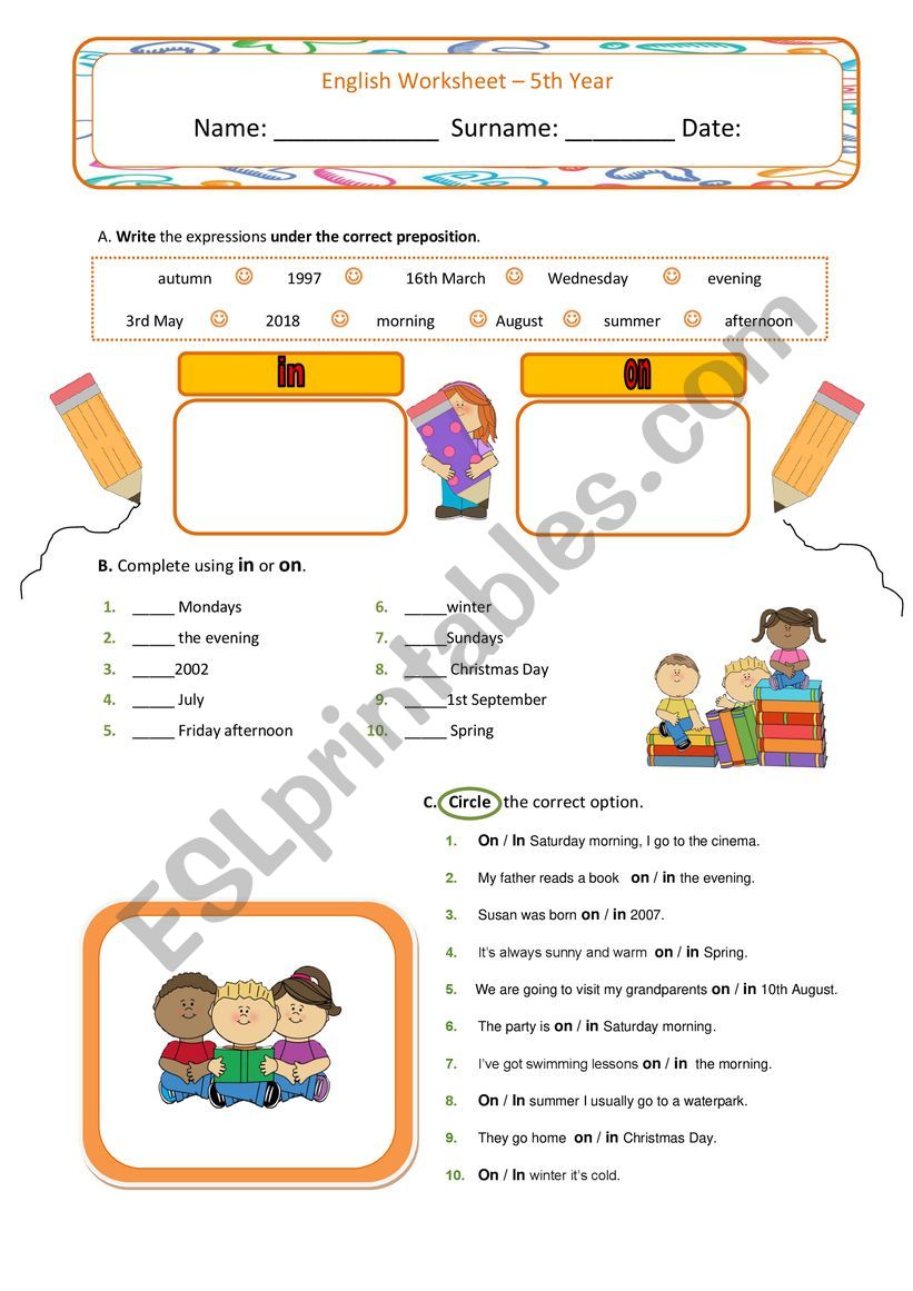 Prepositions of time In/On worksheet