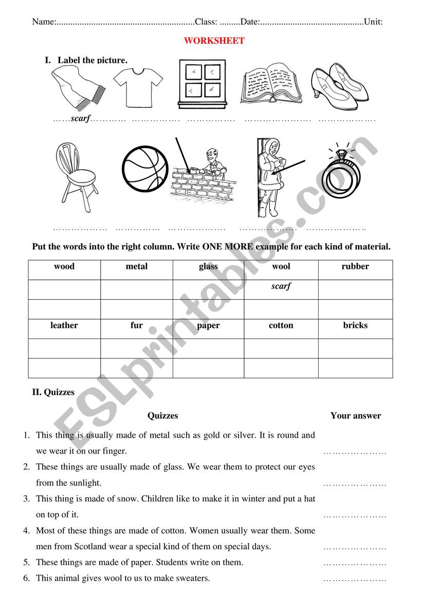 Materials 1 - ESL worksheet by hoathutran