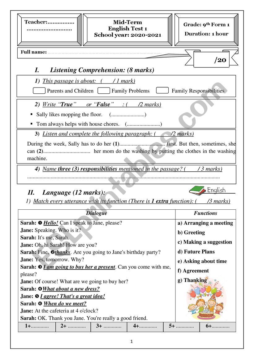 Mid-term Test 1 for 9th grade 2020-2021